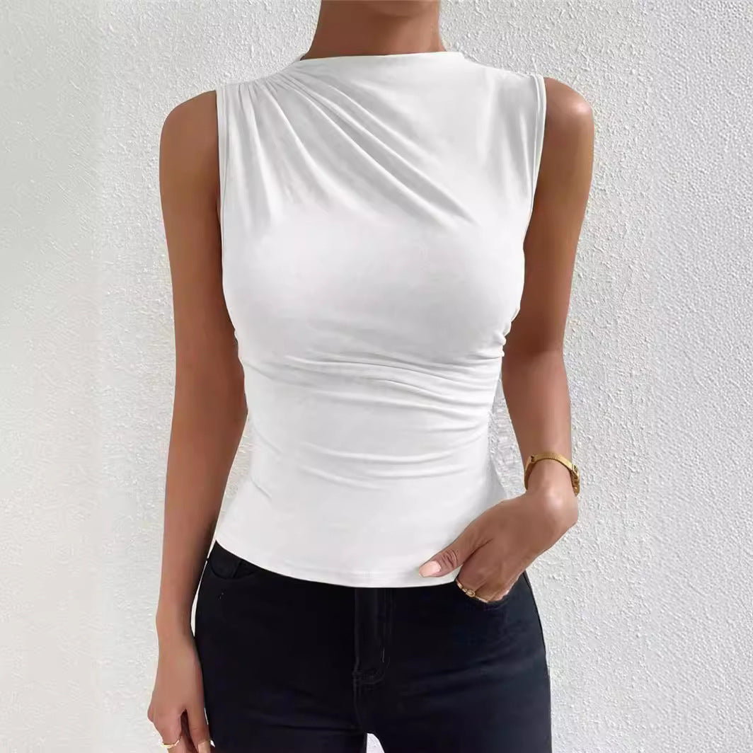 Fashionable All-match Solid Color Pleated Sleeveless Pullover Half Turtleneck T-shirt