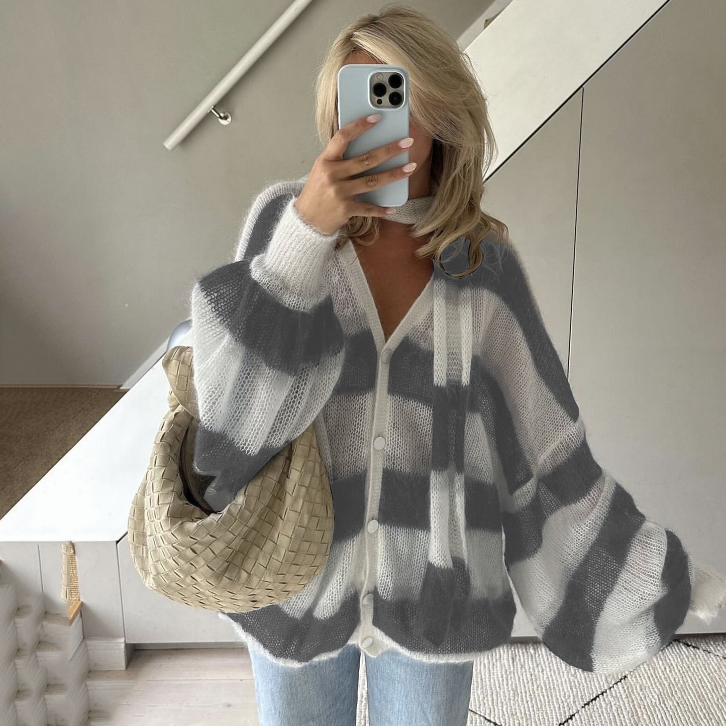 Loose And Idle Striped Sweater Cardigan With Scarf