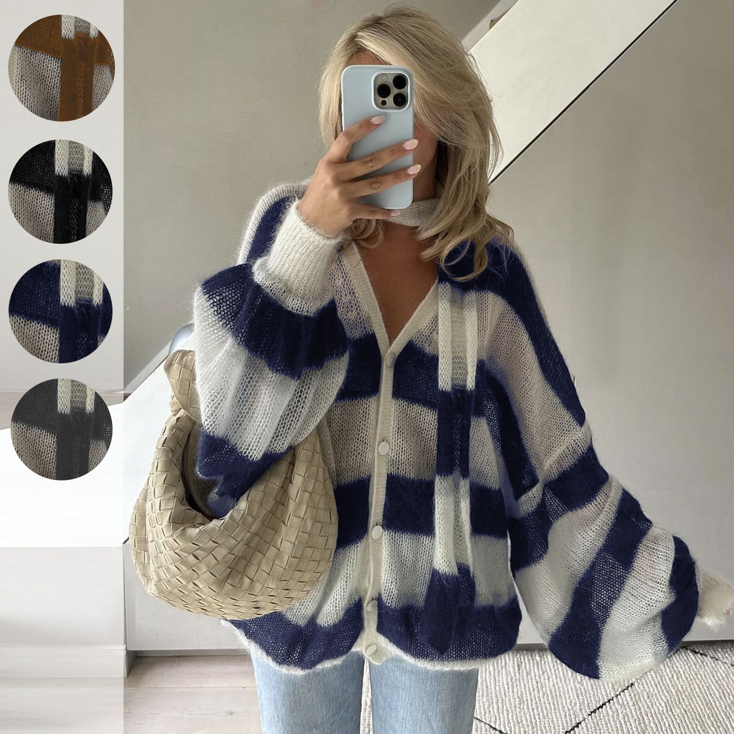 Loose And Idle Striped Sweater Cardigan With Scarf