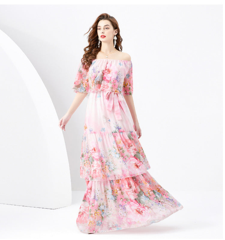 Off-the-shoulder Slim-fit Long Ruffled Tiered Dress