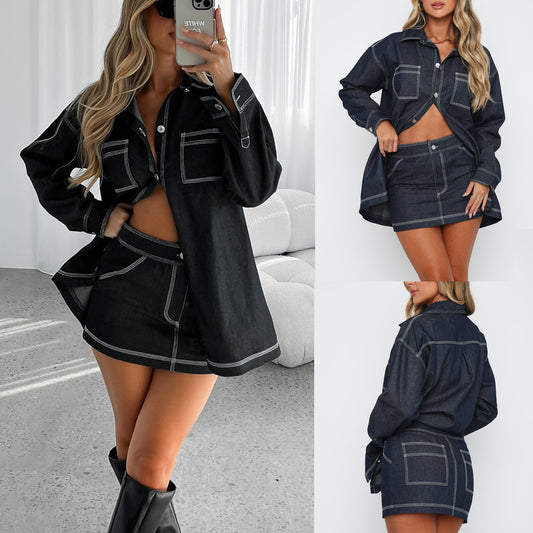 Retro Denim Shirt Jacket Women's Half-length Denim Short Skirt Casual Two-piece Suit